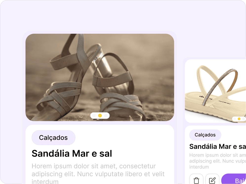 Cartões de produto com fotos de sandálias e botão Baixar QR